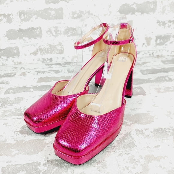 NEW BP BE PROUD Fynn Pink Metallic Ankle Strap Platform Heeled Sandals K297 - Picture 2 of 12